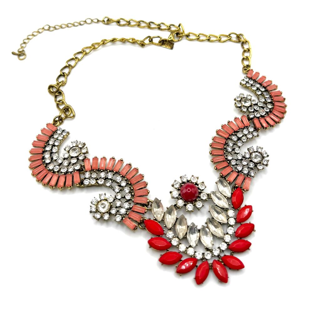 Top It Off Red Coral Pink Stamped Rhinestone Statement Bib Necklace